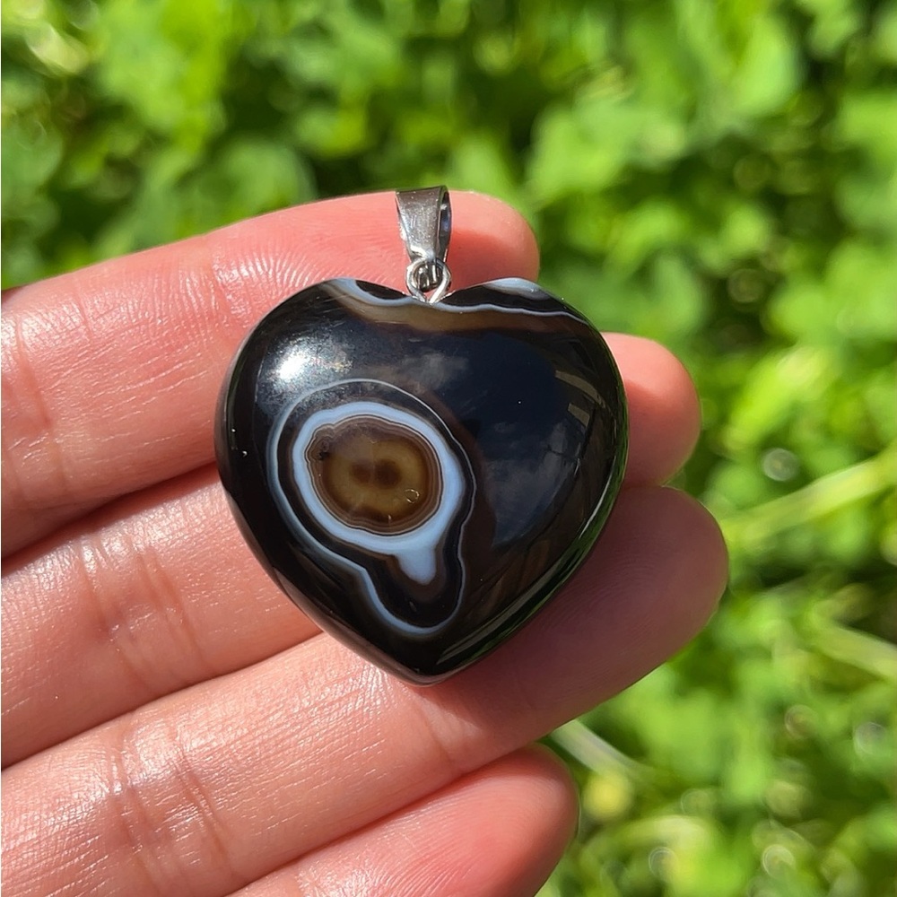 Stainless steel black banded agate heart pendant A‎